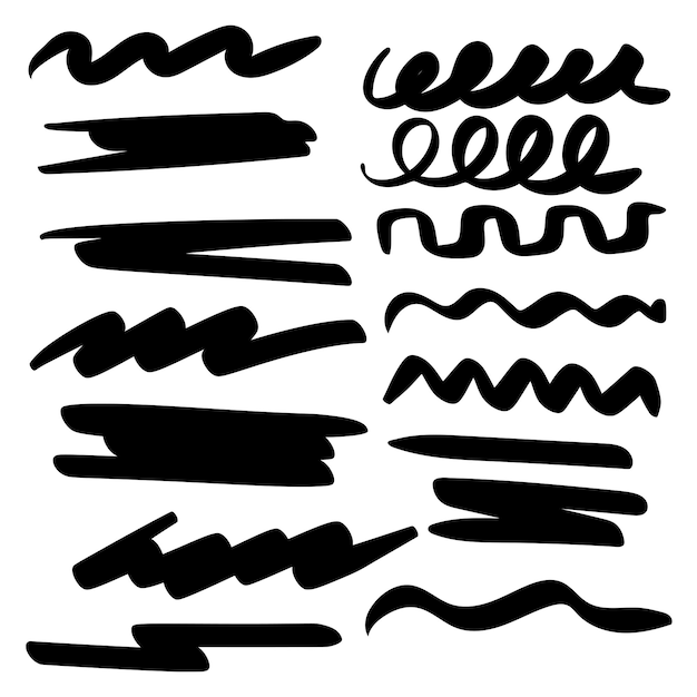 Hand drawn line set doodle elements for diary entries and highlight black marker line bundle