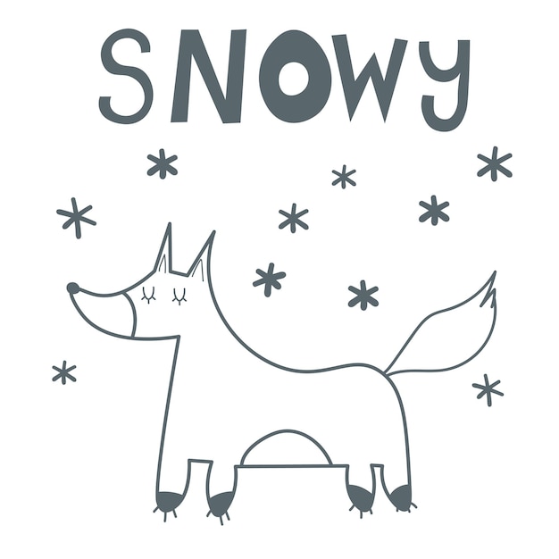 Illustrazione vettoriale di linea disegnata a mano di una volpe carina e divertente con citazione scritta snowy oggetti isolati su sfondo bianco design piatto in stile scandinavo concetto bambini stampa woodland animal eps