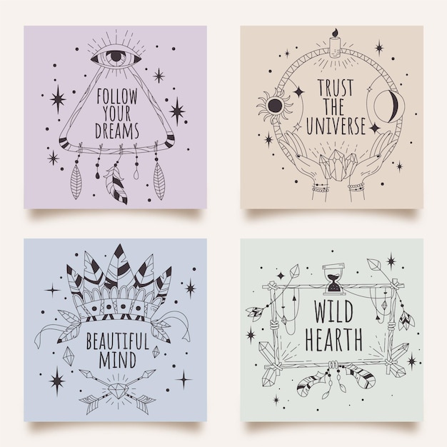 Vector hand-drawn lineal boho cards