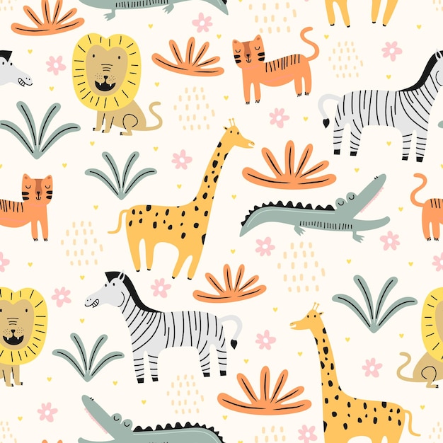 손으로 그린된 사자, 얼룩말, 악어, 고양이 및 기린 원활한 패턴