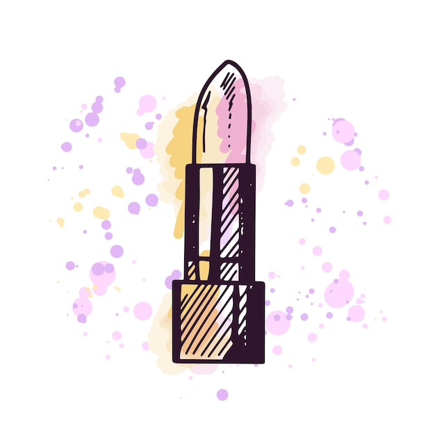 Vector hand drawn lipstick on a watercolor pastel background with splashes of paint