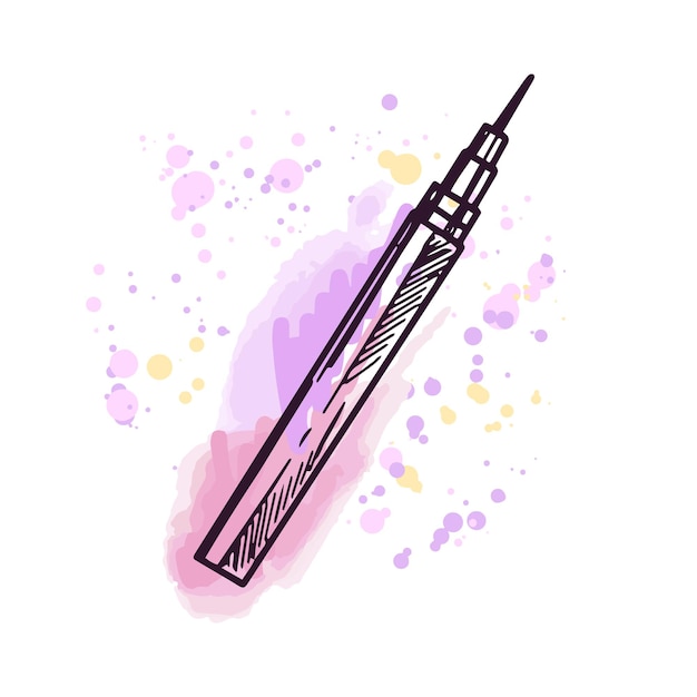 Hand drawn liquid eyeliner cosmetic element self care Illustration on a watercolor pastel background