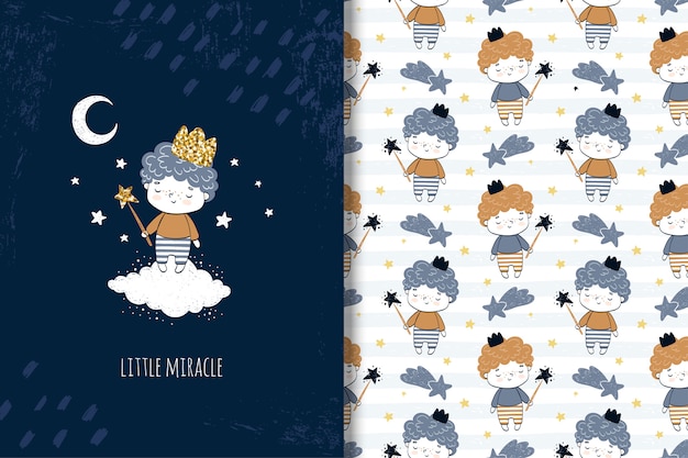 Hand drawn little boy card and seamless pattern for kids