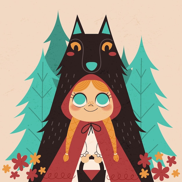 Vector hand drawn little red riding hood illustration