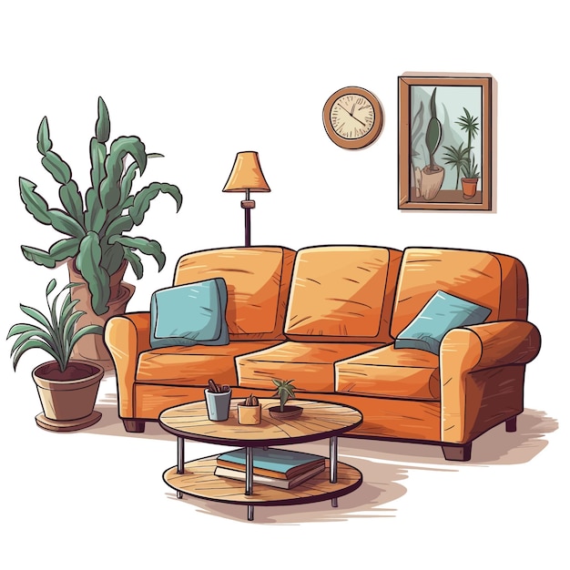 Vector hand drawn living room cartoon vector illustration clipart white background