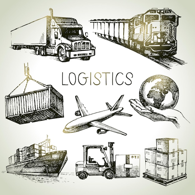 Vector hand drawn logistics and delivery sketch icons set. vector illustration