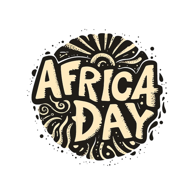 A hand drawn logo for Africa day The logo is a circle with a sun and a moon inside it The word Africa is written in black and white letters