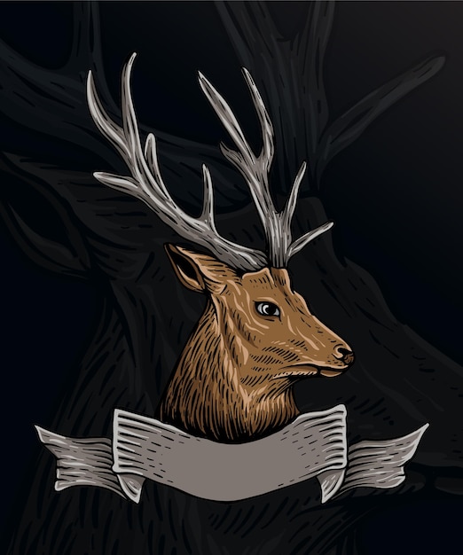 hand drawn logo head deer engraving style