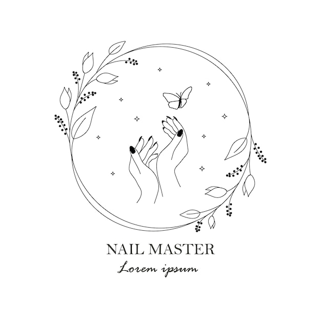 Hand drawn logo in a minimal linear style Floral frame with hand and butterfly on white background