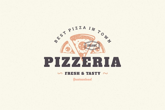 Siluetta disegnata a mano della fetta della pizza di logo e retro illustrazione di vettore di stile di tipografia d'annata moderna.