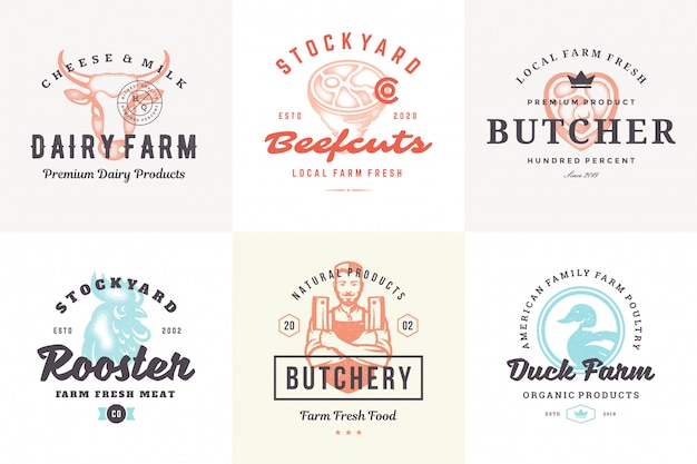 Hand drawn logos and labels farm animals with modern vintage typography hand drawn style set vector illustration.