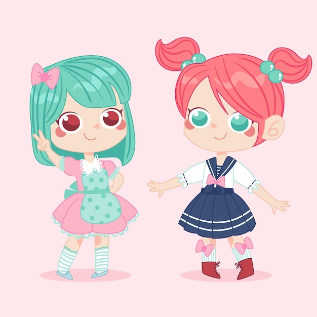 Vector hand drawn lolita style girls