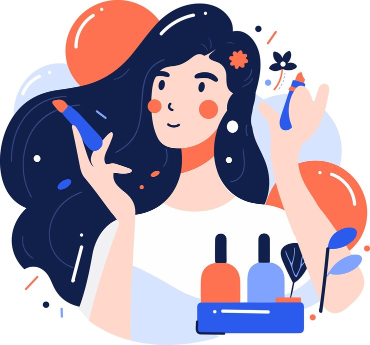 Vector hand drawn long hair woman makeup in flat style isolated on background