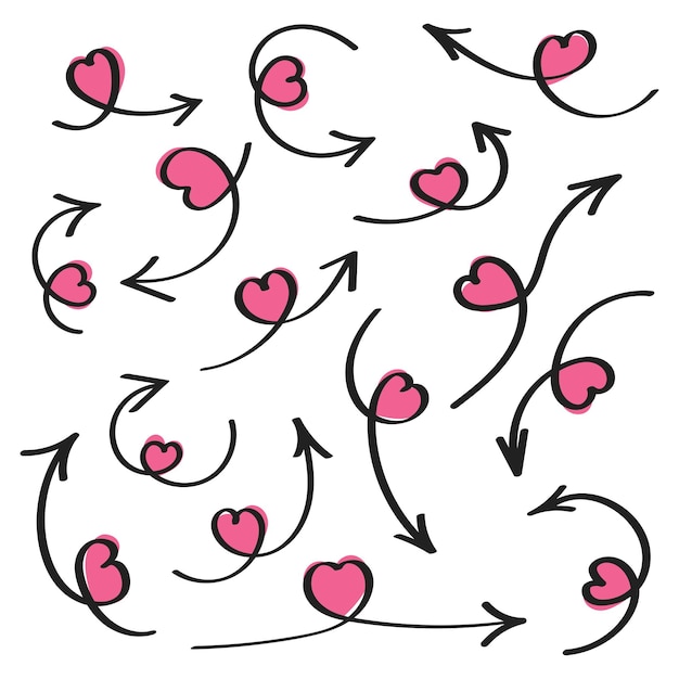 Vettore frecce d'amore disegnate a mano con cuori rosa sul set di illustrazioni vettoriali in stile piatto con frecce