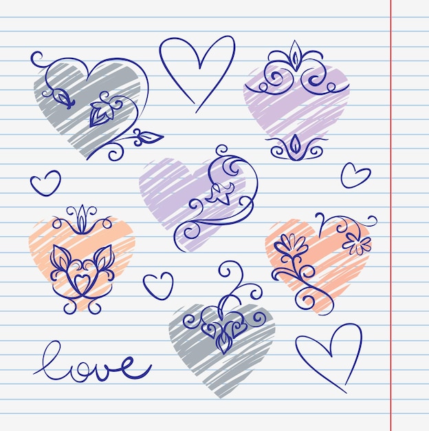 Scarabocchi d'amore disegnati a mano in un album da disegno