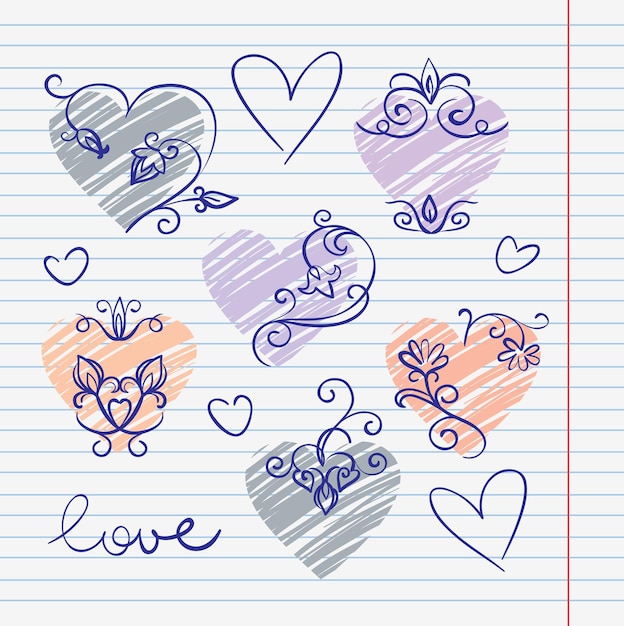 Vector hand-drawn love doodles in sketchbook