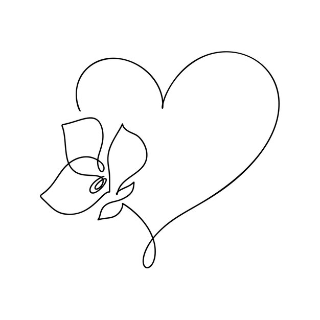 Hand drawn love heart with flower monoline vector logo one art line illustration Black outline