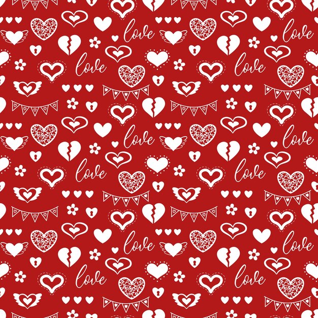 Hand drawn love hearts and different valentine elements seamless pattern