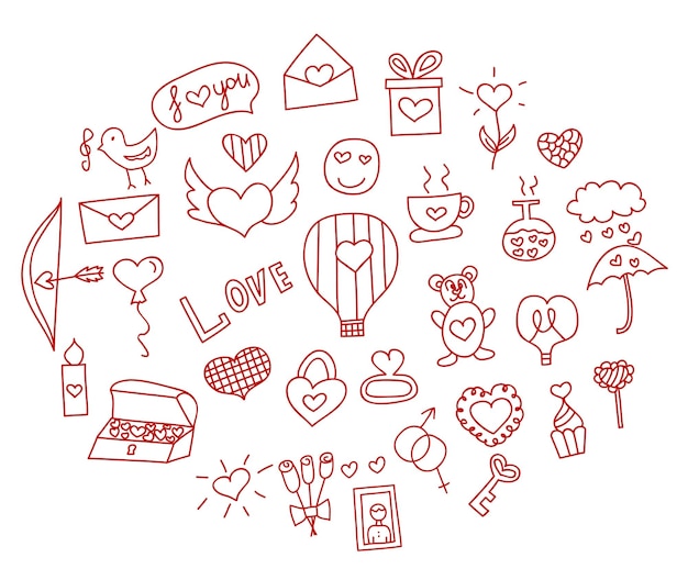 Hand drawn love and hearts doodles icon set vector illustration