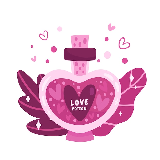 Vector hand drawn love potion illustrated with leaves