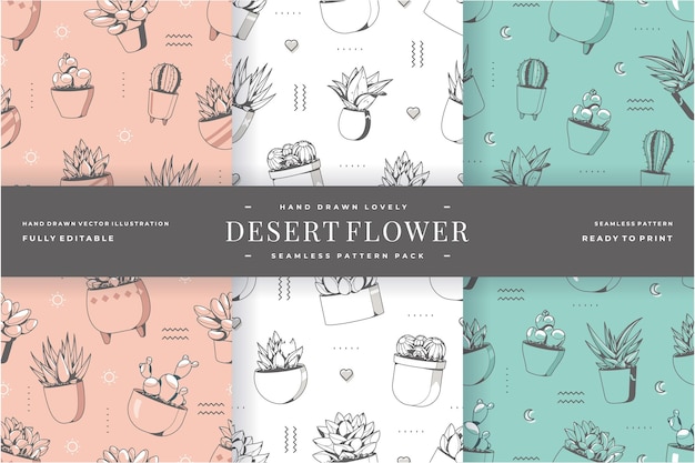 Hand drawn lovely desert flower seamless pattern pack