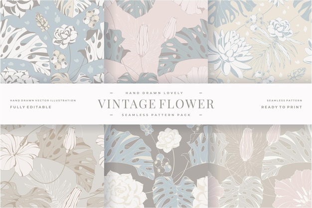 Hand drawn lovely vintage flower seamless pattern pack