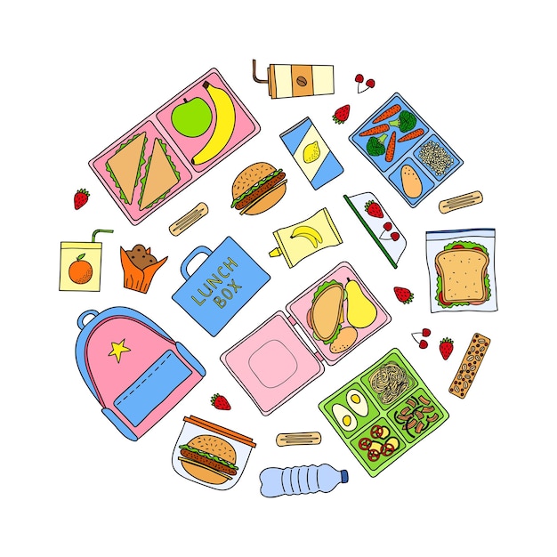 Vector hand drawn lunch boxes in circle