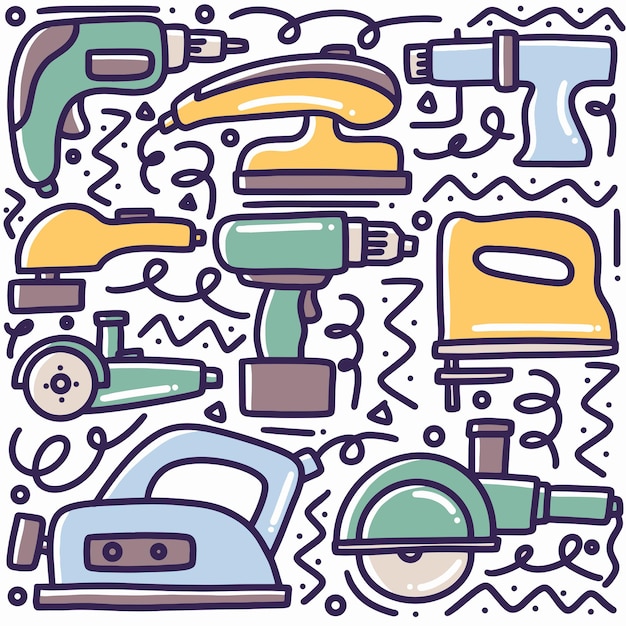 Hand drawn machine equipment doodle set with icons and design elements