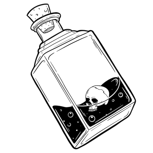 Нарисованная вручную волшебная бутылка с черепом Флакон с ядом Векторная иллюстрация изолирована Магический символ дизайна татуировки для вашего использования