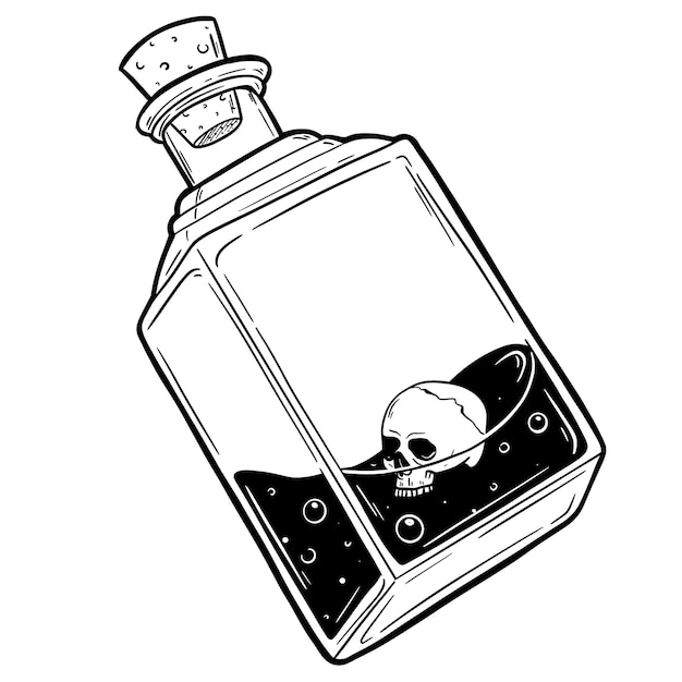 Hand drawn magic bottle with skull vial of poison vector illustration isolated tattoo design magic symbol for your use