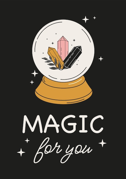 보석으로 손으로 그린 마법의 수정 구슬 Boho 세련된 문신 포스터 또는 인쇄 디자인 Magic For You