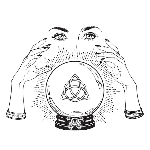 ベクトル 占い師の魔女ベクトルの手でトリケトラまたはトリニティ ノットと描かれた魔法の水晶玉を手します。