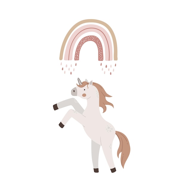 Unicorno magico disegnato a mano con arcobaleno su sfondo bianco illustrazione vettoriale del corno carino