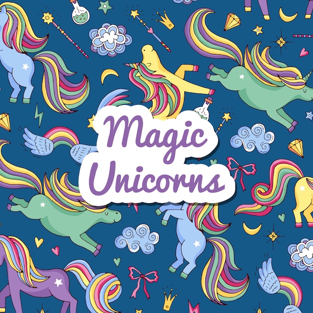  hand drawn magic unicorns and stars background with place for text 
