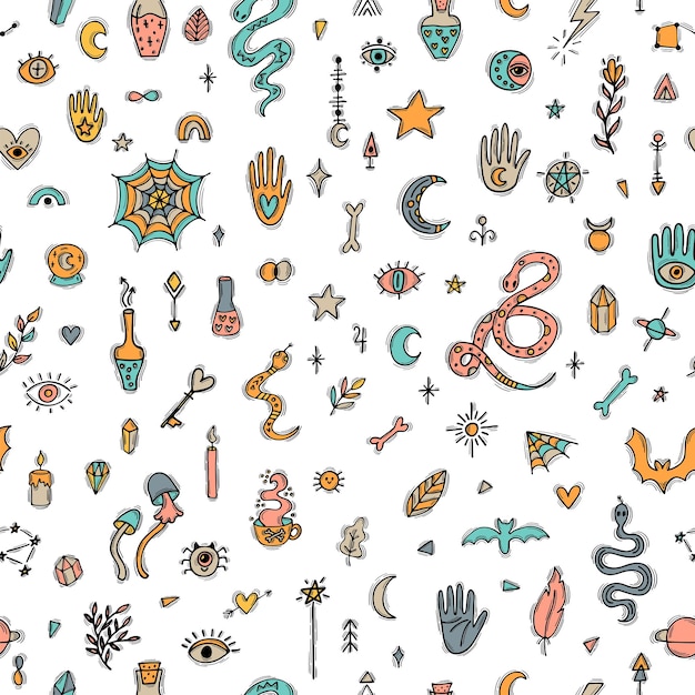 Ручно нарисованный волшебный бесшовный рисунок в стиле Doodle boho Волшебная печать Хэллоуин Мистический эзотерический фон