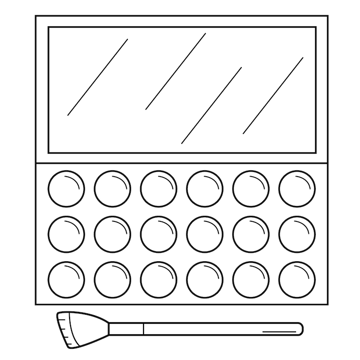 Vector hand drawn makeup palette and brush. cosmetics for the face. outline. sketch. vector illustration