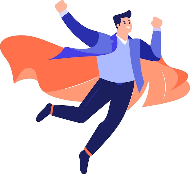 Vector hand drawn male businessman with hero cape in flat style isolated on background