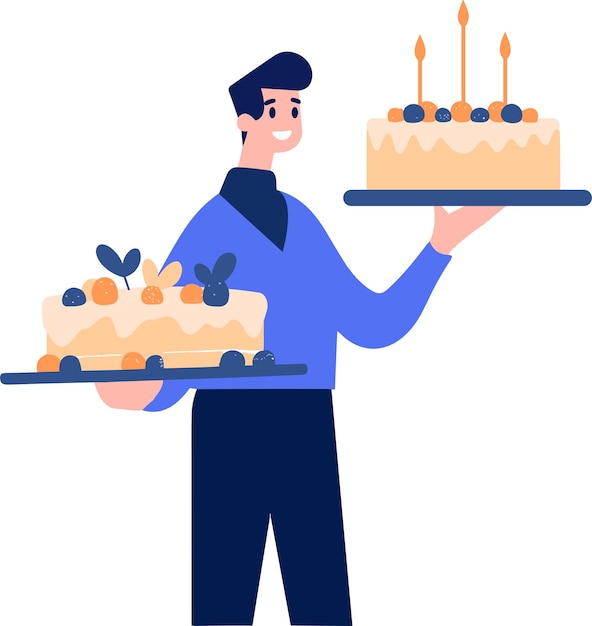 Hand Drawn Male character with birthday cake in flat style isolated on background