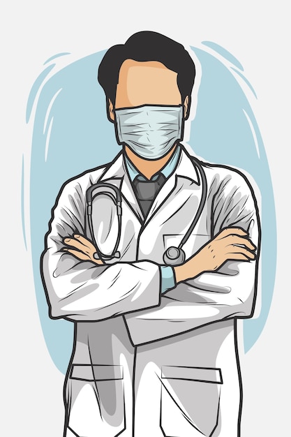 Vector hand drawn male doctor using face mask with stethoscope vector