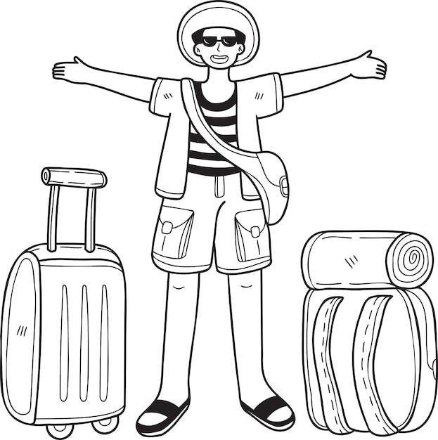 落書きスタイルの旅行バッグ イラスト手描き男性観光客