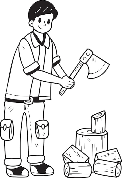 Hand drawn man chopping firewood illustration in doodle style