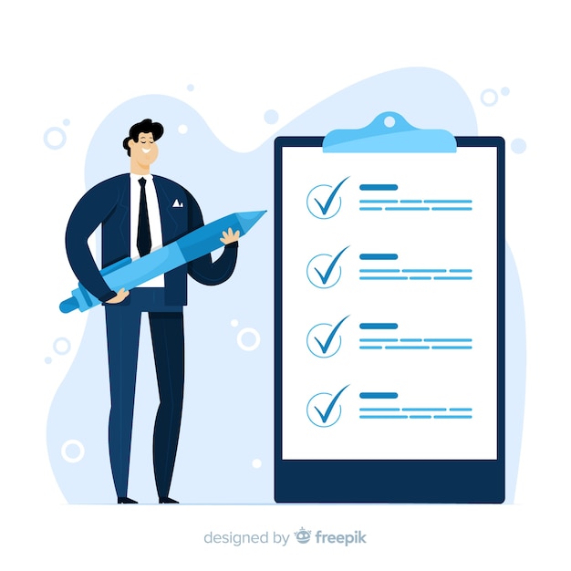 Vector hand drawn man ckecking big checklist illustration