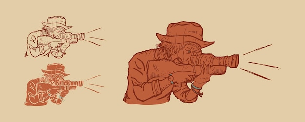 Uomo disegnato a mano con il cappello con la macchina fotografica in mano illustrazione d'epoca