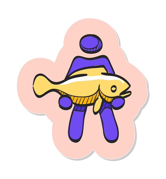 Hand drawn man holding fish icon in sticker style vector illustration