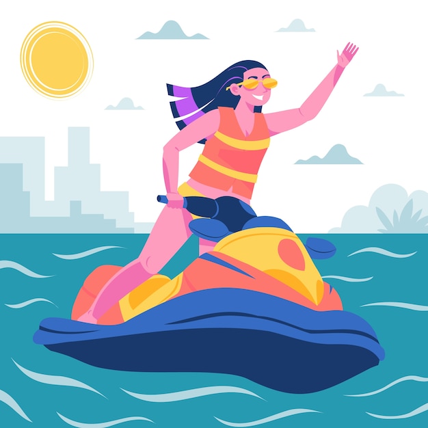 Vector hand drawn man on jet ski illustrated