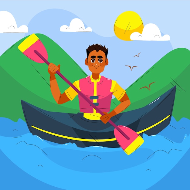 Hand drawn man kayaking illustrated