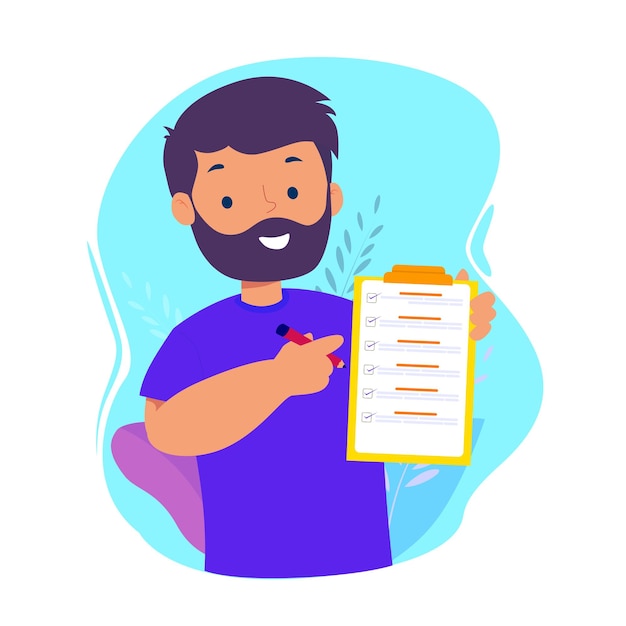 Vector hand drawn man showing checklist illustration