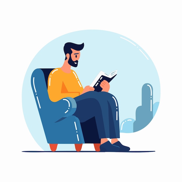 Hand Drawn man sitting and reading a book in flat style