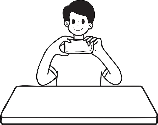 Hand drawn man taking photo on dining table illustration in doodle style