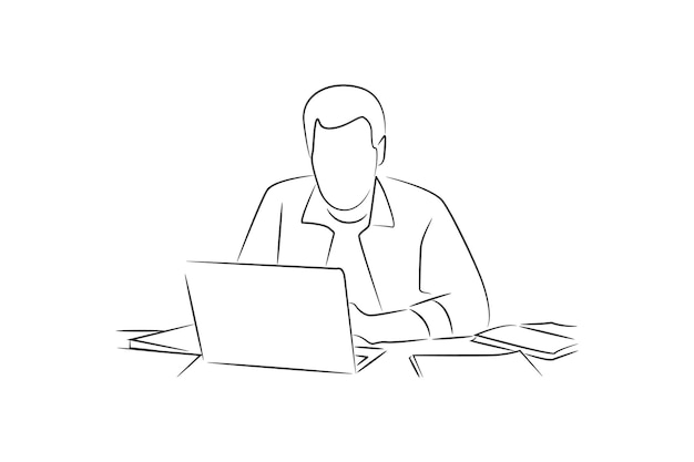 Hand drawn man use laptop oneline continuous single line art